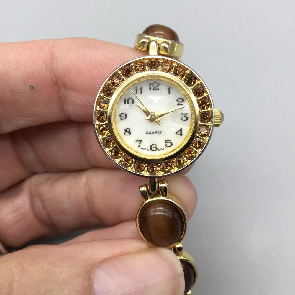 Brown Gemstone Womens Watch 22mm MOP Dial Gold Tone Bracelet New Battery 7.25